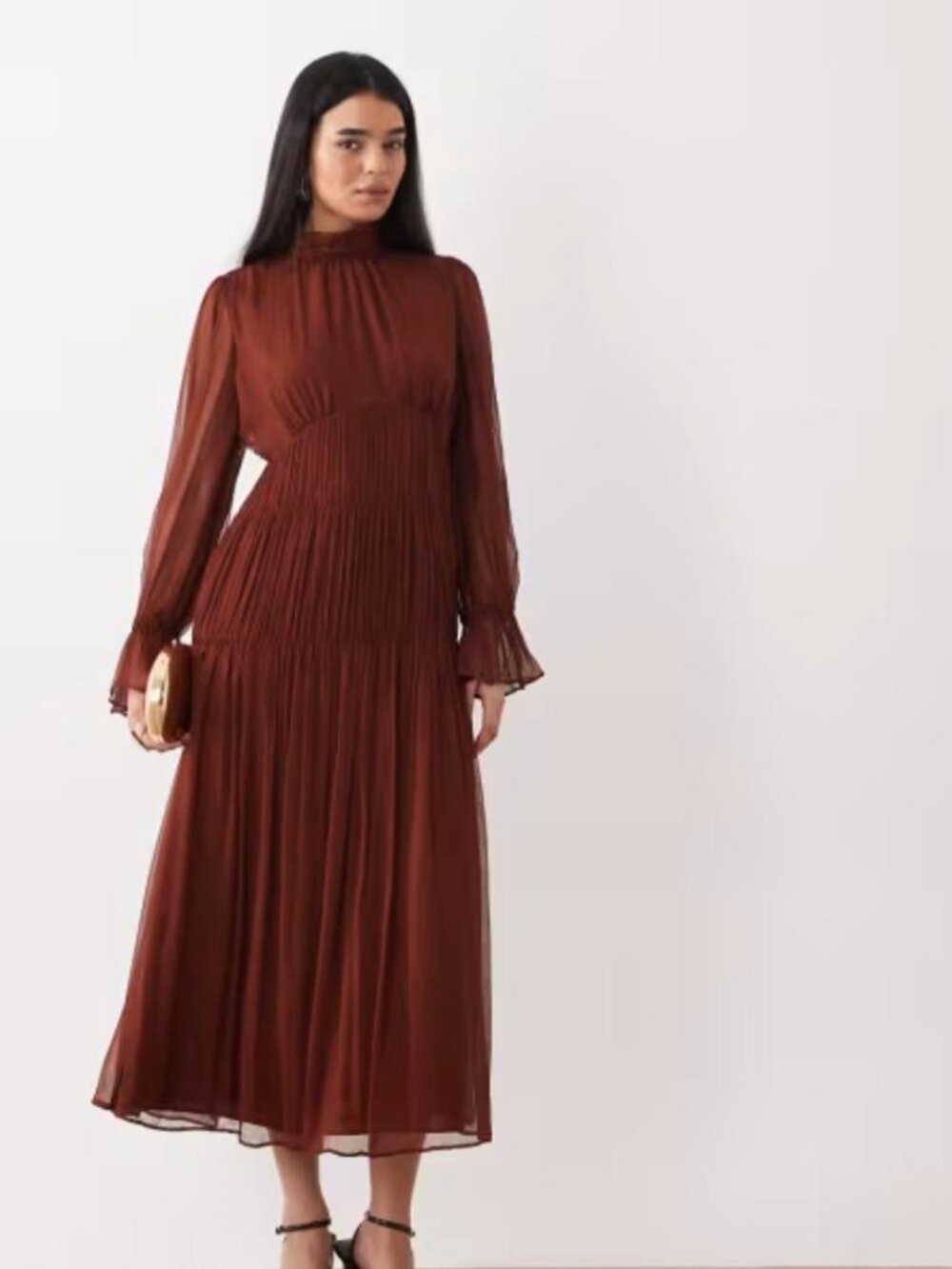 Mango High Neck Boho Tiered Sheer Midaxi Dress | Brown | Size M | NWT